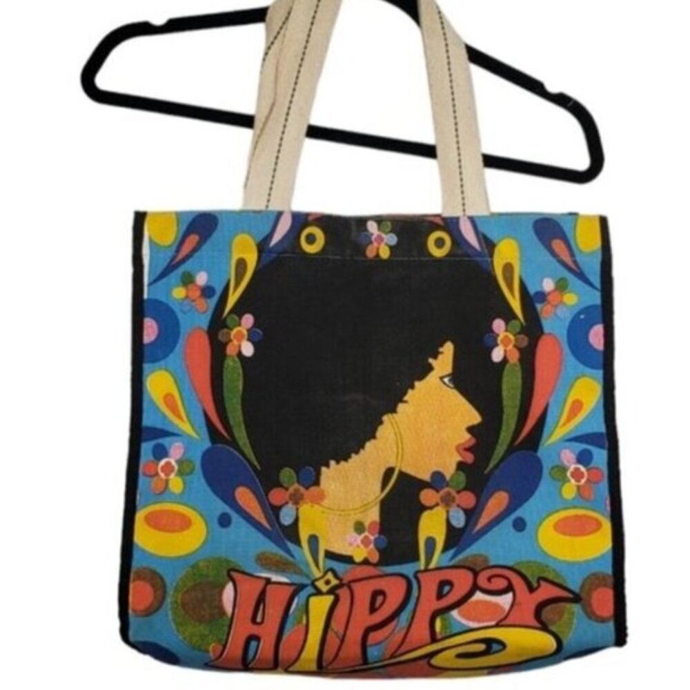 Boho Tote Bag Bright Hippy Graphic Cotton Canvas Retro Style Festival